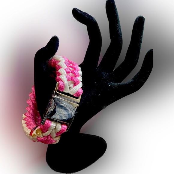 Hand Crafted Jewelry - Handcrafted handmade pink white Paracord bracelet silver metal clasp 8.5 inches